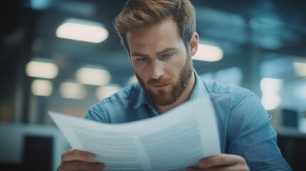 Focused man intently reads through official documents in office