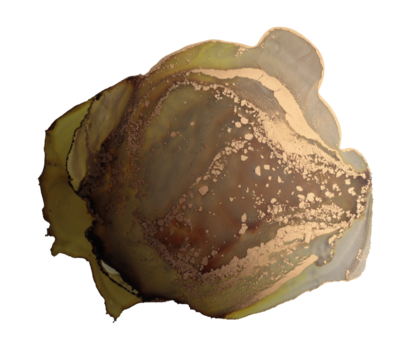 PNG Glow texture alcohol ink, watercolor flow wave painting blot. Abstract green, gold metallic grain stain on transparent background.