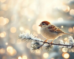 Sparrow perched on snow-covered pine branch, winter bokeh background.