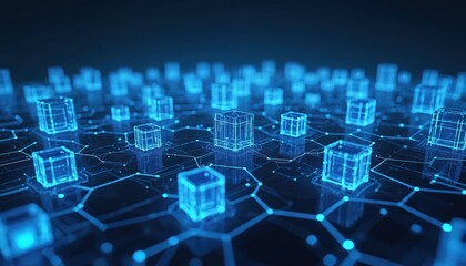 Obraz premium Abstract tech backdrop featuring blue glowing cubes connected by lines. Modern futuristic design, with geometric shapes. Perfect background for technology presentation science project. Digital art