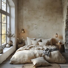Scandinavian bedroom with soft textures and serene atmosphere high resolution picture