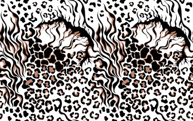 Leopard, zebra, tiger and giraffe pattern. Animals collage pattern. Seamless patchwork pattern design