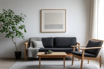 Black and white picture frames, geometric patterns on the wall above an elegant wooden sofa in a light gray color