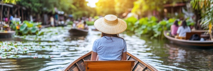 Woman Longtail Boat Tropical Canal Travel