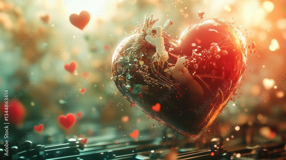 Poster floating red hearts and a structured heart filled with details