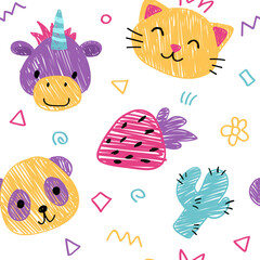 Seamless pattern with crayon childrens drawing. Vector cartoon doodle illustration with cute animals for textile printing or notebook cover, kindergarten design