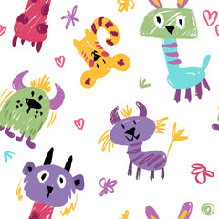 Obraz premium Seamless pattern with cute crayon monsters. Vector cartoon doodle illustration with kind children drawing for halloween or notebook cover, wrapping paper or birthday decor