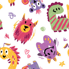 Seamless pattern with crayon children drawing. Vector cartoon doodle illustration with cute kind monsters for halloween or notebook cover