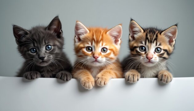 Three curious kittens peeking from blank banner. Black, ginger, tabby cats for veterinary clinic ad. Young domestic pets look cute, playful on white background. Promotion, marketing, copy space,