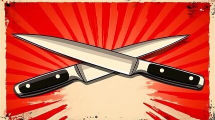 Crossed Chef Knives on Retro Background.