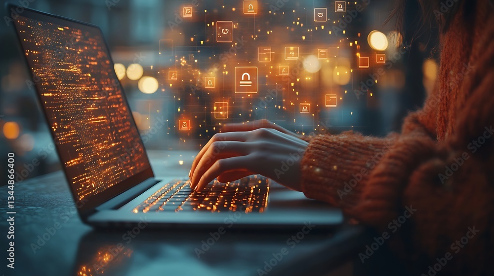 Poster cybersecurity concept with digital locks and laptop, hands typing on a laptop keyboard with digital 