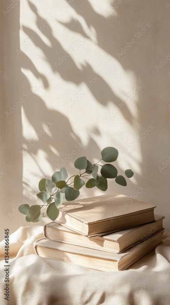 Poster stacked books rest quietly on a soft fabric, bathed in warm sunlight. eucalyptus leaves elegantly dr