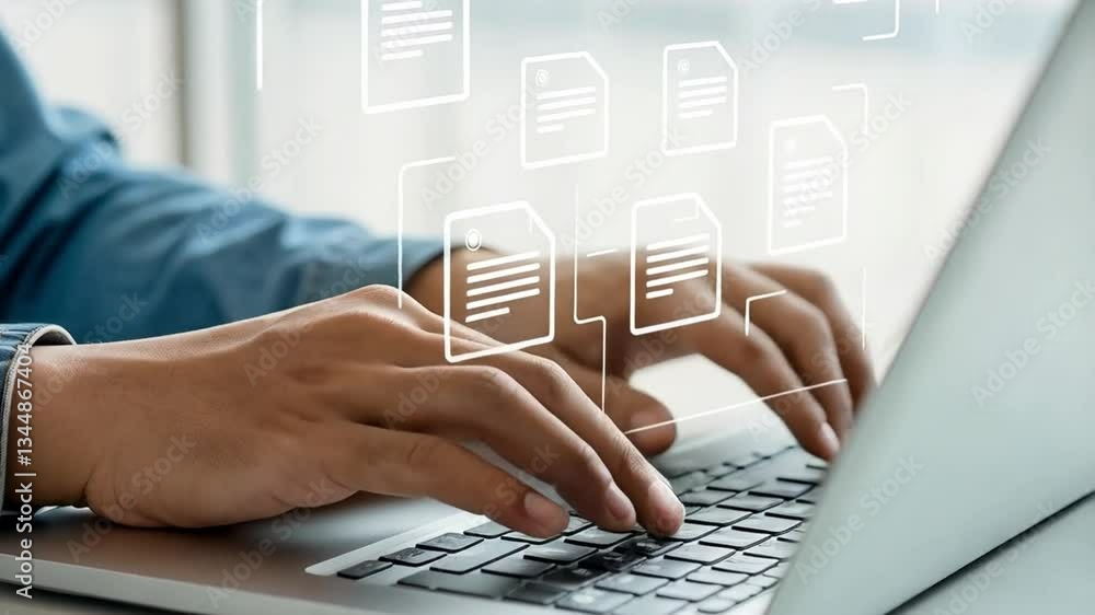 Aufkleber Streamlined Document Management: Businessman Efficiently Navigating Digital Files and Folders in a Modern Online Database System. Software            