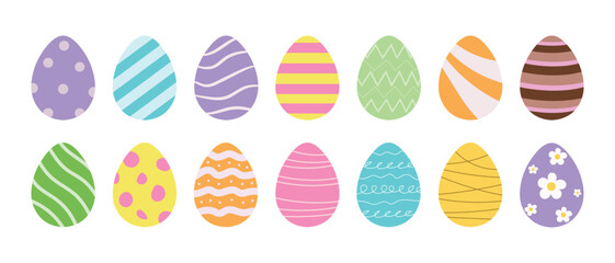 set of easter eggs vector Easter eggs drawing clipart set. Happy easter egg flat clip art collection in colorful and multicolored paint. Vector illustration flat on white background