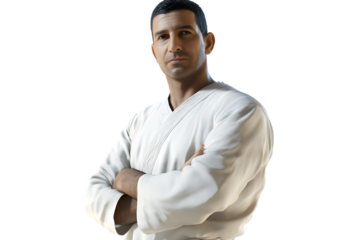 A martial artist in a white gi standing confidently with arms crossed ready for combat or tra
