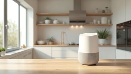 Fototapeta premium Minimalist modern luxurious empty kitchen with smart speaker on wooden countertop. Contemporary interior, white design, clean elegant spacious kitchen, sunlight from window. Concept of home