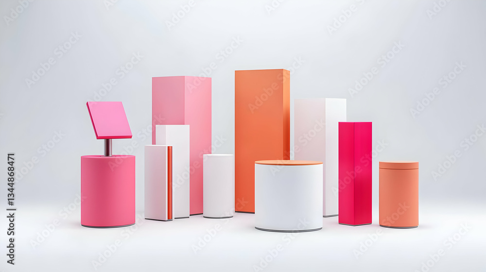 Poster colorful abstract geometric shapes displayed on white background in studio with modern design and mi