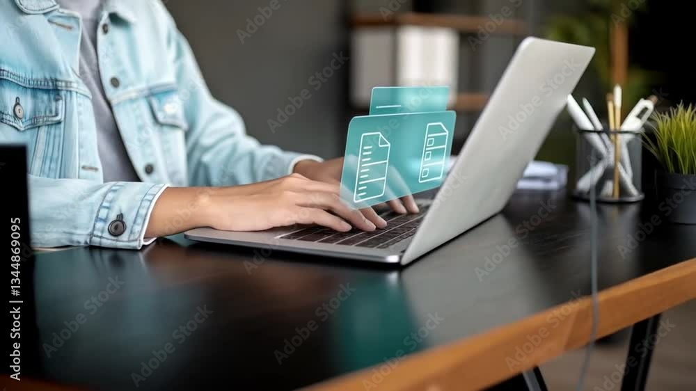 Poster Streamlining Workflow: Businessman Efficiently Managing Digital Documents via Online Database Software. Concept of Lean Project Management and Secure 