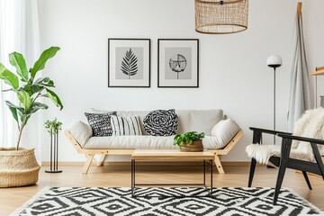 A Scandinavian-style living room with black and white posters on the wall, featuring abstract shapes in shades of gray, along with stylish wooden furniture