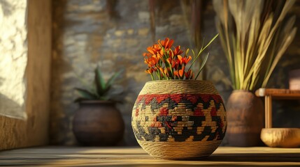 Sunlit flowers, woven vase, rustic room