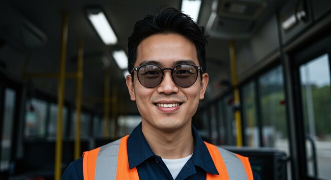 Smiling Bus Driver: A friendly bus driver with dark hair wearing sunglasses, an orange vest, and a navy uniform. His expression shows confidence.