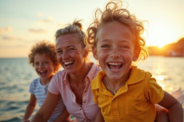 Happy mother with two joyful children laughing together by the ocean at sunset, enjoying a fun family vacation with warm golden light and carefree smiles