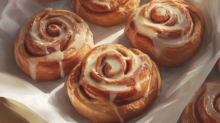 Fototapeta premium A delicious tray of cinnamon buns and rolls, topped with frosting and swirls, on white baking paper.