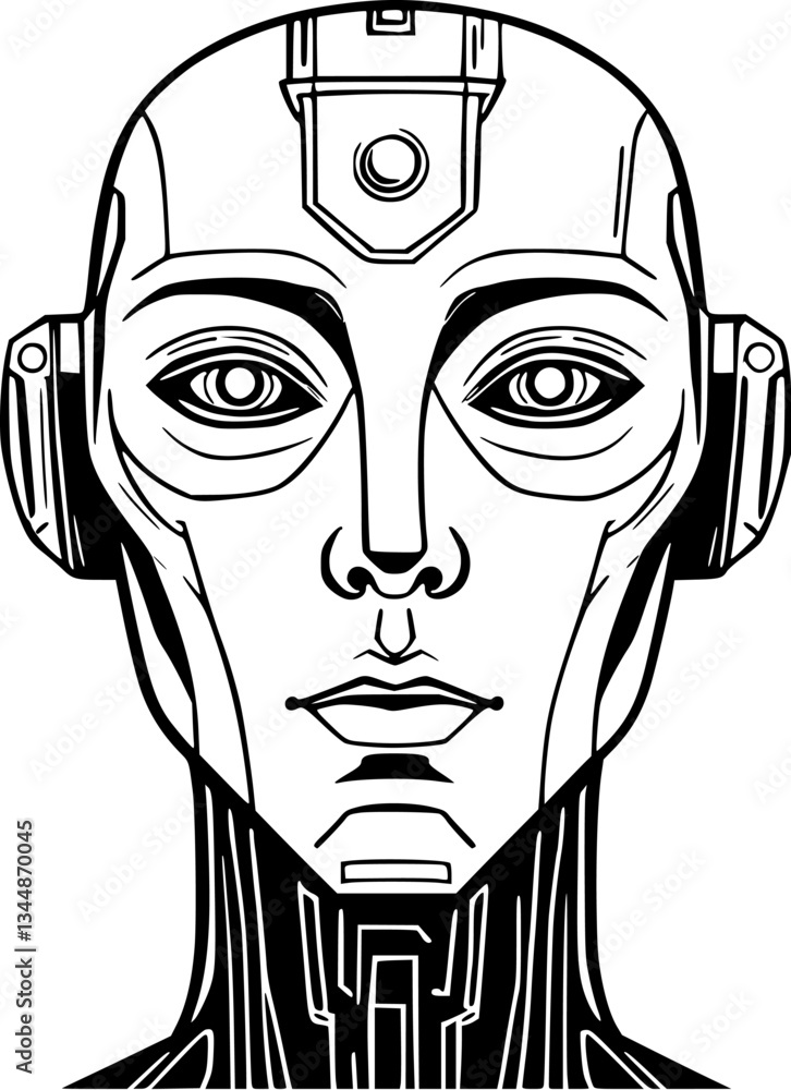 Poster outline of an ai-powered robotic face with circuits minimal futuristic technology vector illustratio