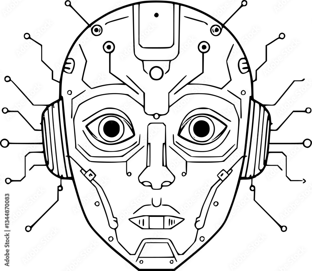 Poster outline of an ai-powered robotic face with circuits minimal futuristic technology vector illustratio