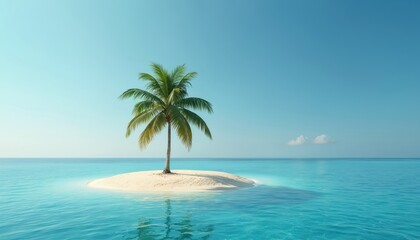 Fototapeta premium Solitary palm tree stands on tiny island. Calm blue sea evokes tranquility, paradise. Remote getaway in exotic location with clear sky. Serene scenic nature, peaceful beach on horizon.