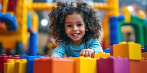 Happy cheerful kid having a blast at indoor play center. Child playing with colorful construction blocks at indoor playground.