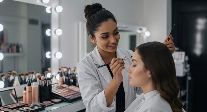 Makeup Artist in Action: A skilled makeup artist meticulously applies makeup to a client in a professional beauty studio, showcasing expertise and attention to detail.