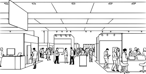 Outline of a business trade show with exhibition booths and networking vector illustration.