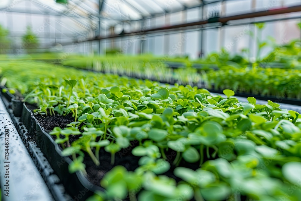 Poster nurturing microgreens under efficient drip irrigation in a greenhouse generative ai