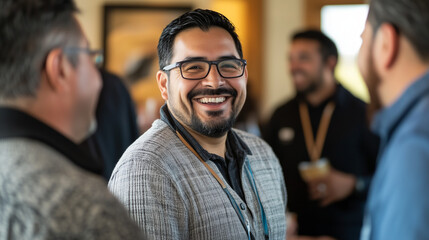 Corporate employees mingling during a team-building retreat, smiling and exchanging experiences.