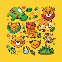 Naklejka premium Cute Lion and Tiger Cartoon design Set 