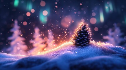 A glowing frost-covered pinecone resting on top of a shimmering snow mound