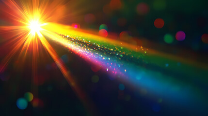 A prism rainbow light on dark background overlay. crystal flare abstract effect. holographic sunlight reflection wallpaper, colorful glare bokeh. Black Prism. Illustration