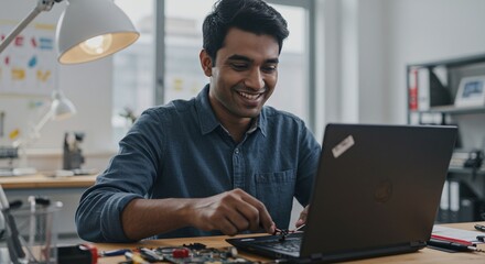 Tech Guru at Work: A smiling technician intently repairs a laptop, surrounded by circuit boards and electronic components, illuminated by focused lighting.