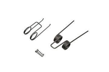 Three metal springs, including torsion and compression types, with varied designs, isolated on a white background