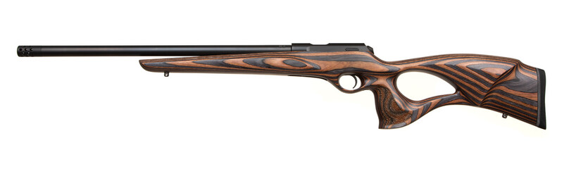 A .22 LR rifle featuring a black barrel and a laminated wood thumbhole stock, set against a white background.