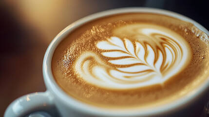 Detailed close-up of a cup of coffee with beautiful latte art, capturing the rich texture of the foam and the warmth of the beverage, appealing to coffee aficionados