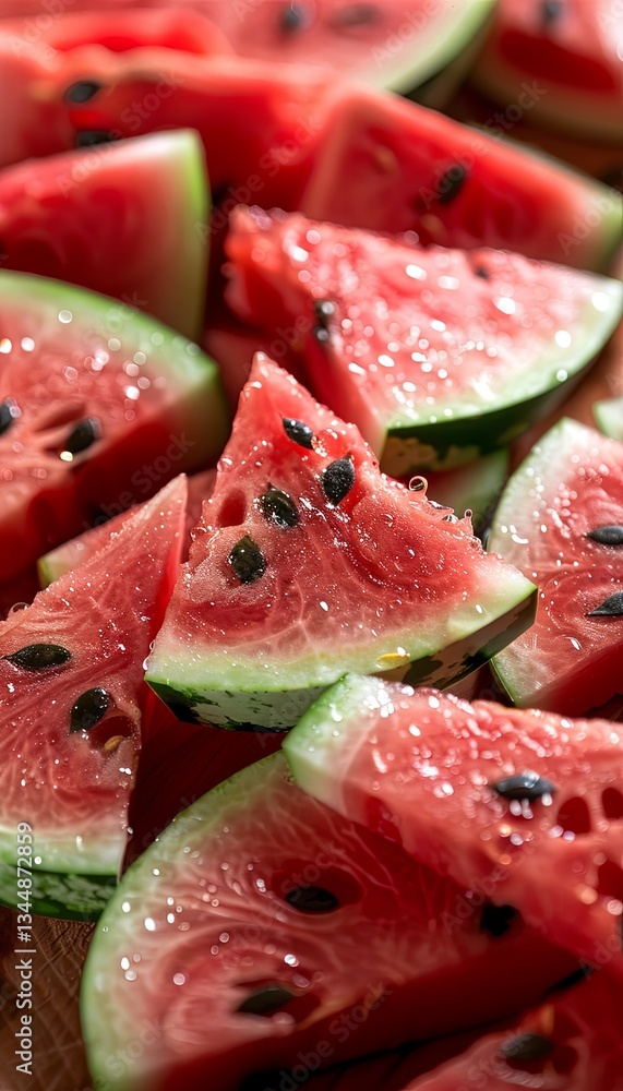 Poster fresh watermelon slices on wooden cutting board with summer vibes and natural lighting generative ai