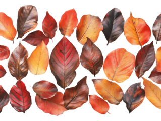 Autumn leaves in shades of red, orange, brown and black on transparent background.  Perfect for fall designs, PNG