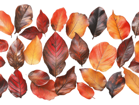 Autumn leaves in shades of red, orange, brown and black on transparent background.  Perfect for fall designs, PNG - Powered by Adobe