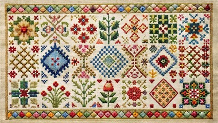 Colorful Cross-Stitch Sampler on White Background