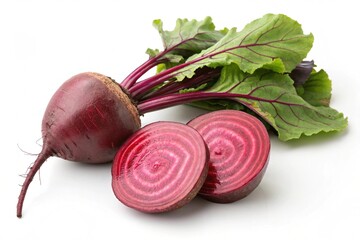 Deep Red Beets with Lush Green Leaves Isolated on White Background