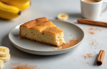 Brazilian banana cake slice on plate with cinnamon sticks. Cuca de Banana pie served with cup of coffee. Fresh baked pastry for breakfast or dessert. Homemade bakery product. Copy space.