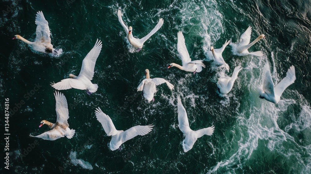Poster a flock of elegant swans dances on the waves, their feathers illuminated by the warm glow of the set