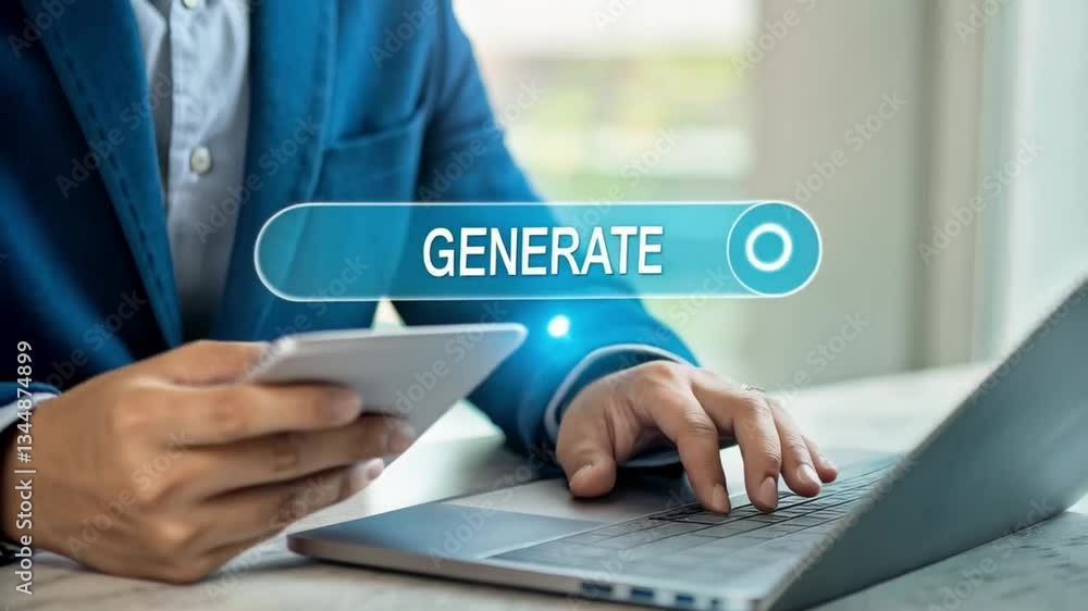 Aufkleber AI Content Creation: Hands Typing on Laptop, Generate Button Highlighted. Symbolizing automation, artificial intelligence, digital content production,
